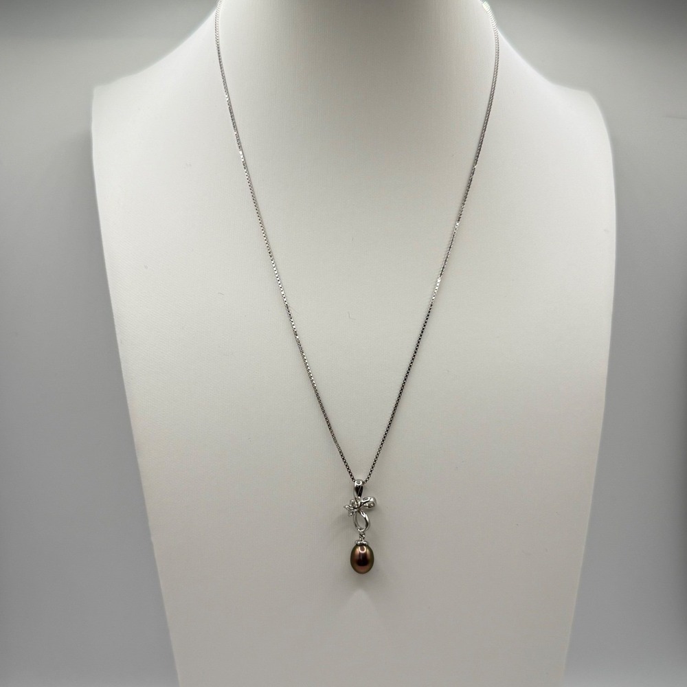 Sterling Silver 925 Italy Tahitian Pearl Bow CZ Pendant Necklace 18"‎
